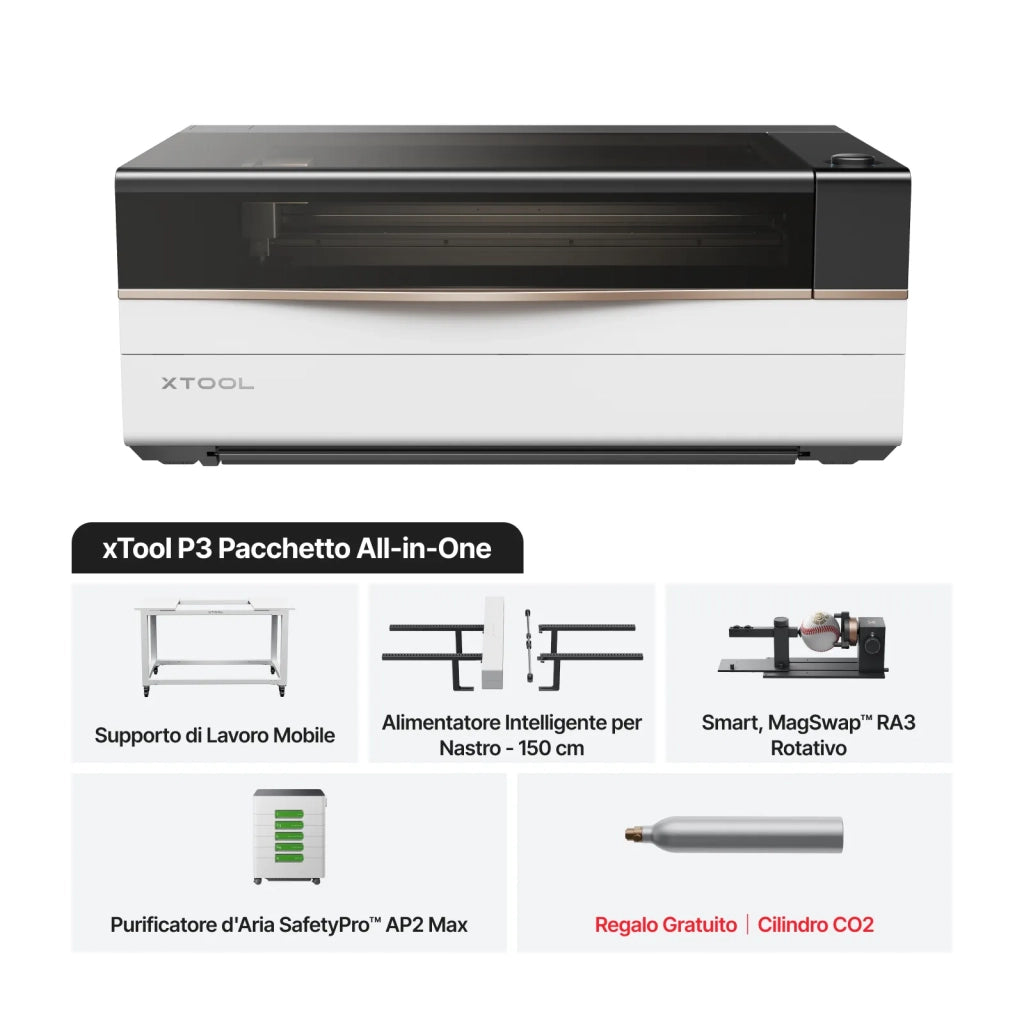 XTOOL Incisore Laser CO2 P3 80W Max Bundle con Stand, Conveyor, RA3 e AP2