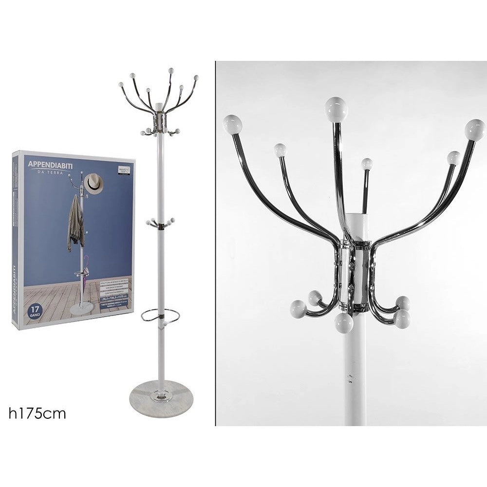 Trade Shop - Attaccapanni Appendiabiti Da Terra Con 17 Ganci In Metallo Cromo Bianco Base In Marmo 175cm -