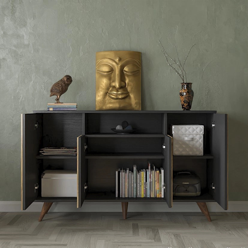 Credenza in legno "FRN-9004-1" - 140 x 35 x 91 cm - Legno, Nero, Pino Atlantico