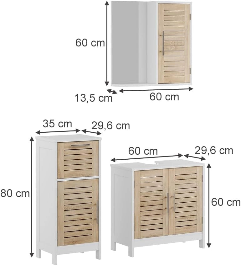 Set di mobili da bagno 3 pezzi Looma, Bianco/quercia, 60 cm, composto da mobile sottolavabo, specchiera e mobile medio