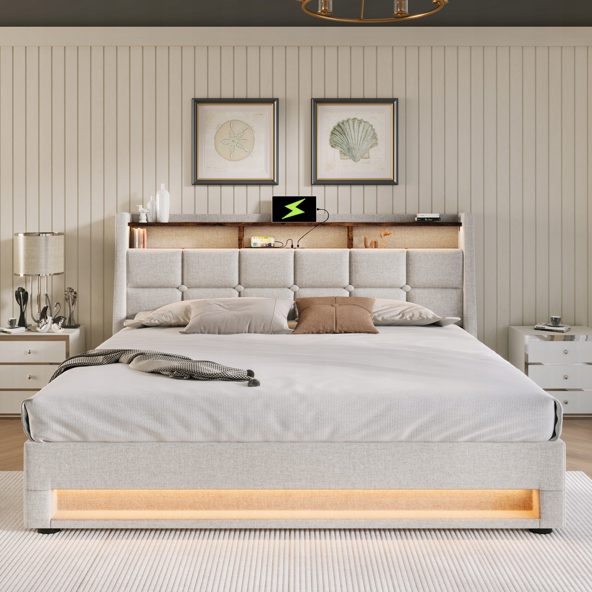 Letto imbottito 140x200 con LED USB e materasso incluso - Xylo