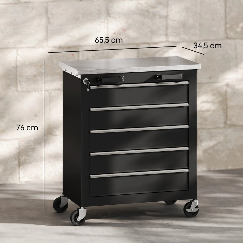 Mobile contenitore con 5 cassetti e piano in acciaio inox rinforzato con serratura centralizzata su ruote per officina e garage nero