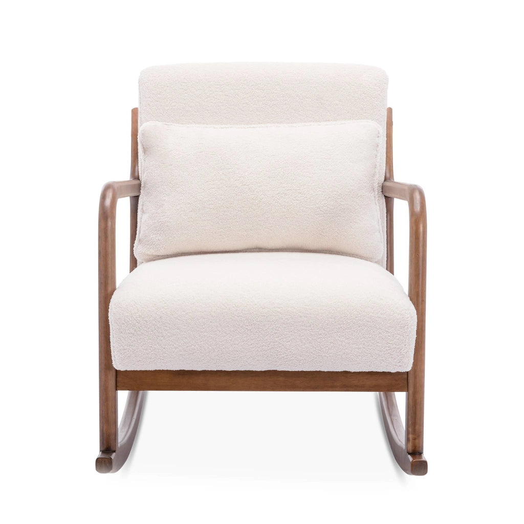 Poltrona a dondolo scandinava in legno e tessuto bouclé, crema