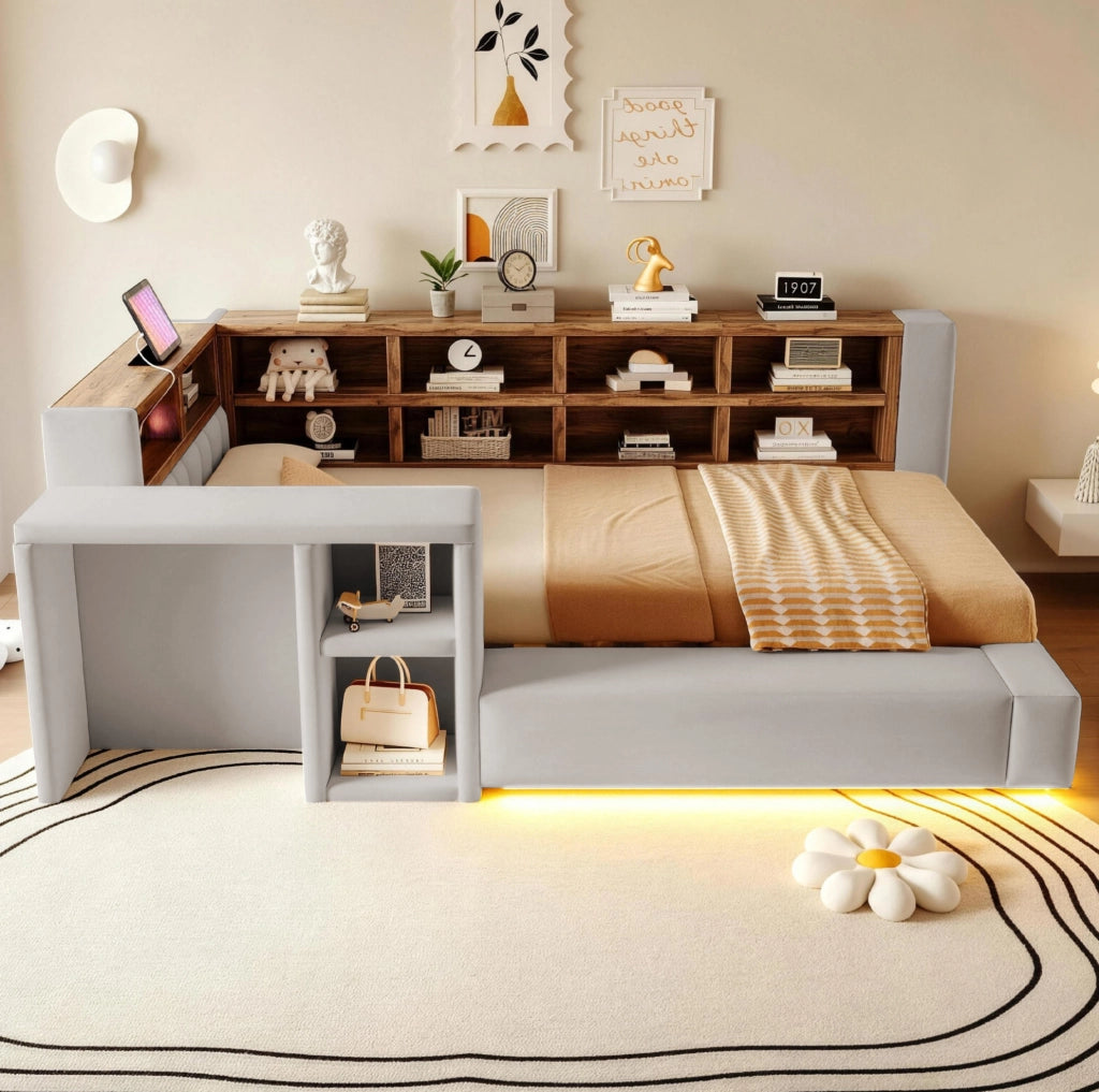 Letto imbottito 90 x 200 cm con LED, prese integrate e vani grigio chiaro