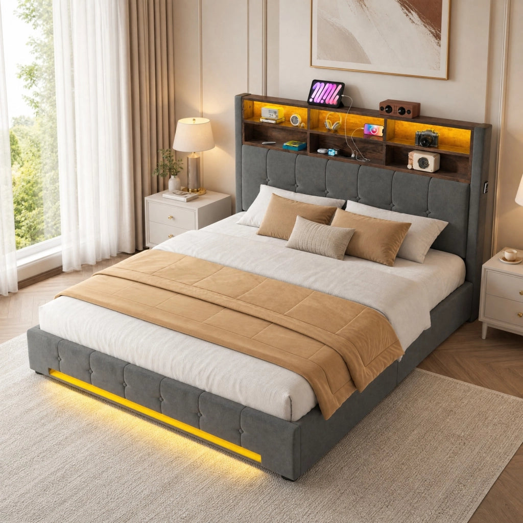 LETTO Contenitore 180x200 cm in velluto grigio scuro con LED, USB-C e testiera multifunzione