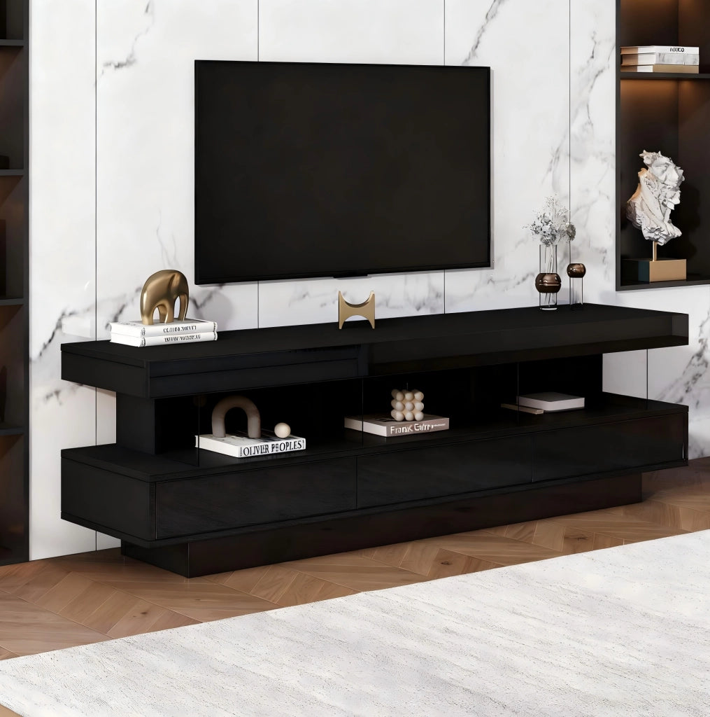 TV moderno nero lucido con LED e 3 vani in vetro
