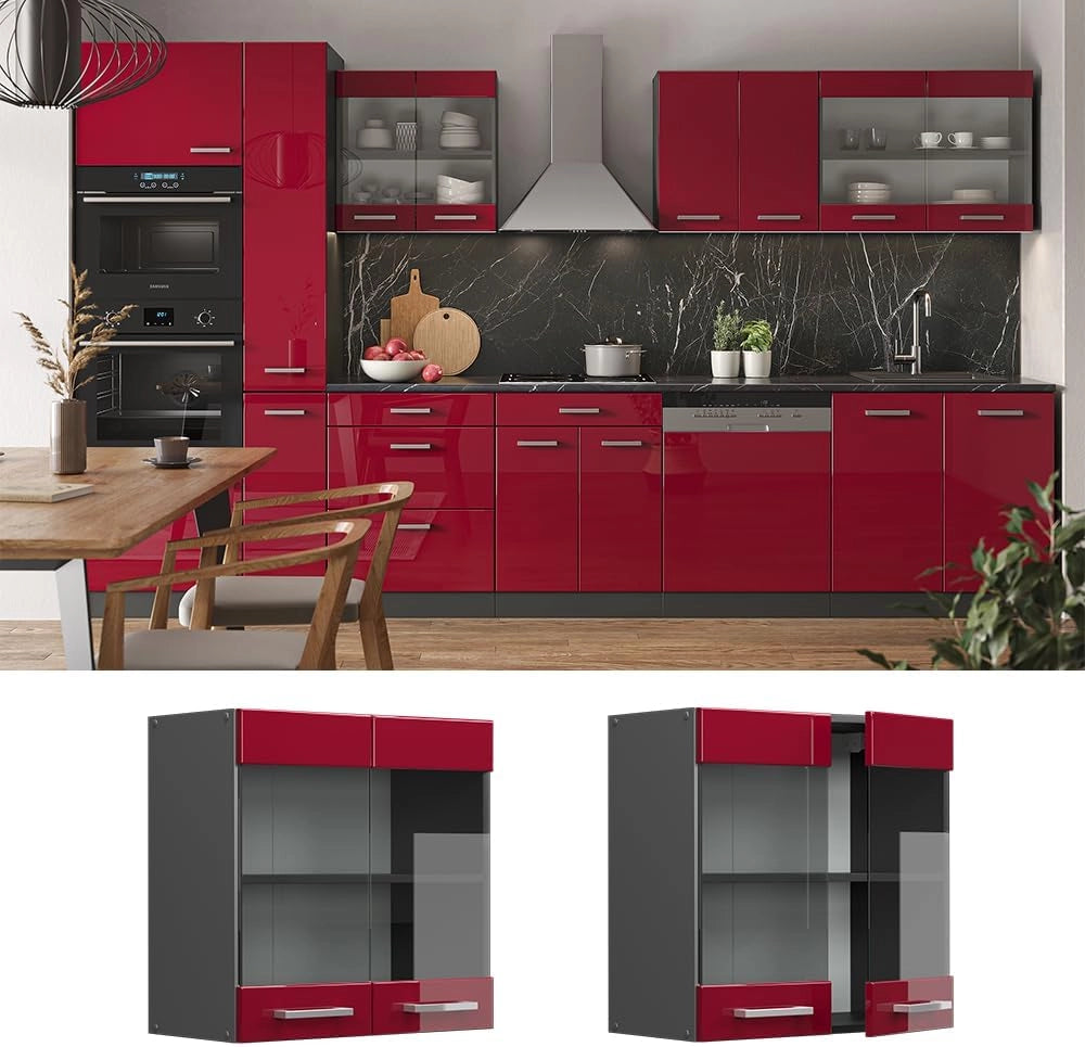 Mobile da cucina in vetro R-Line, Rosso lucido, 60 cm, per la libera combinazione all'interno di sistemi cucina modulari