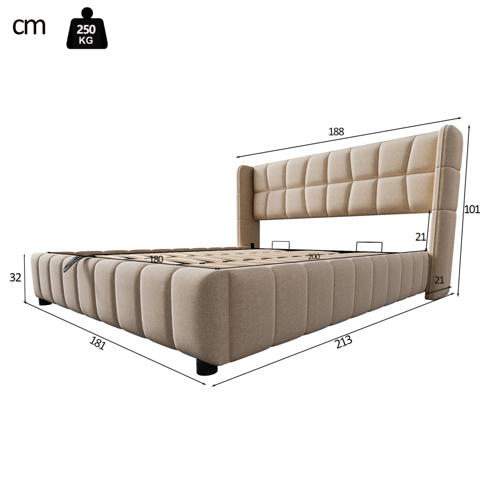 Letto contenitore 180 × 200 cm con sollevamento a gas, senza materasso, in tessuto effetto lino beige