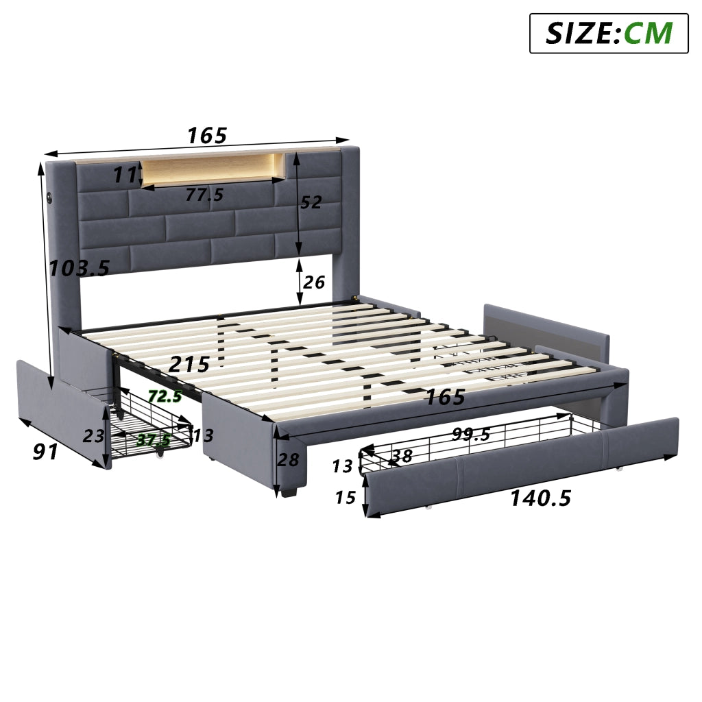 Letto matrimoniale 160x200 cm velluto grigio, testiera con vano portaoggetti, porte USB, luci RGB‑LED controllabili da app e telecomando, 3 cassetti contenitore