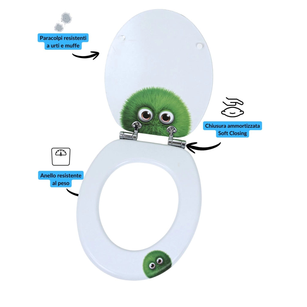 Sedile wc copri vater universale frizionato fantasia in mdf chiusura rallentata *** fantasia green sponge, confezione 1