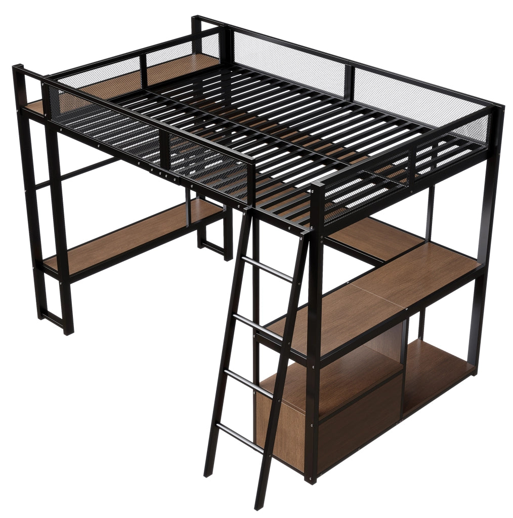 Letto a soppalco 140x200 cm con scrivania; LED e contenitore in MDF e metallo nero