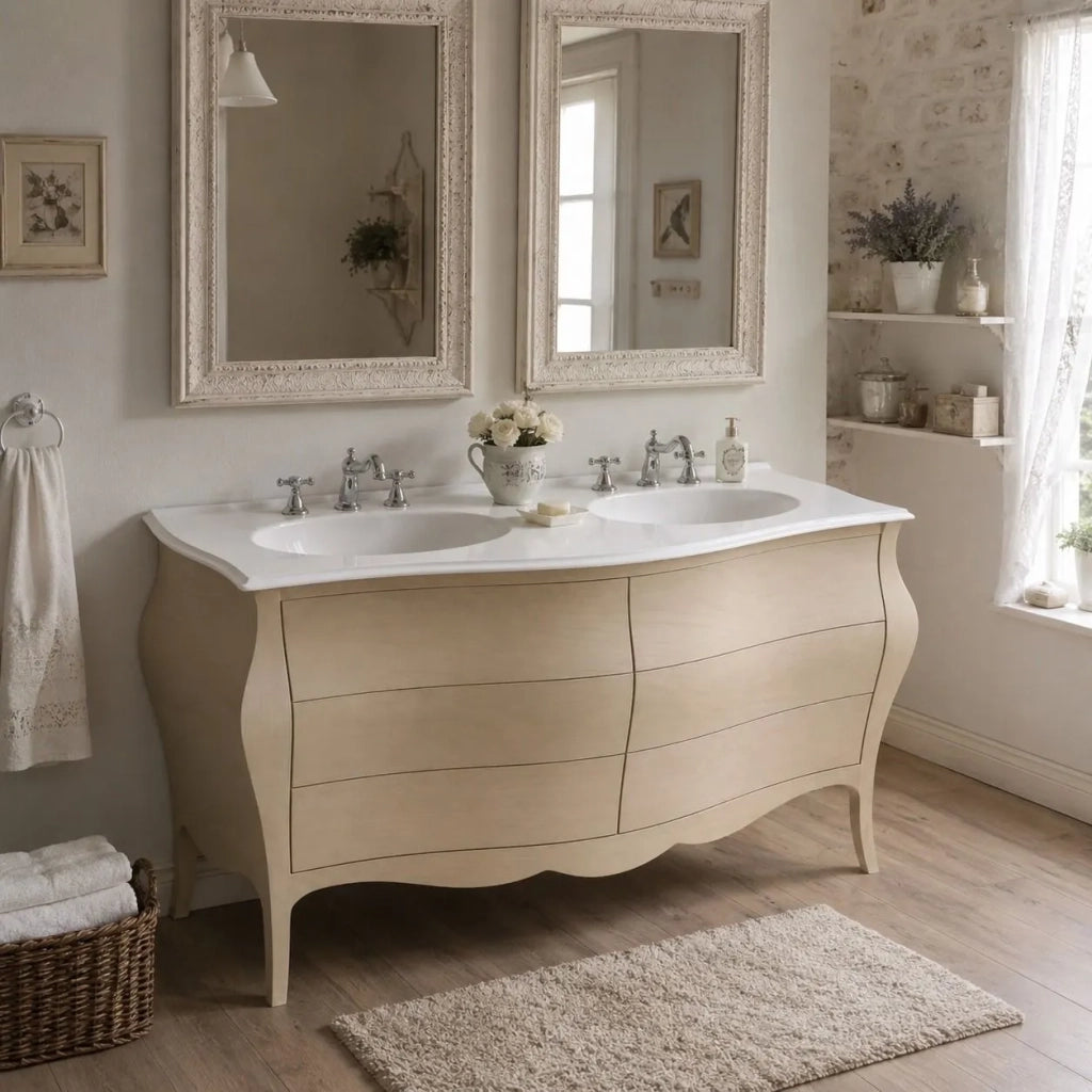 Mobile bagno 6 cassetti bombato con doppio lavello legno grezzo 162x58x83 - Mobili 2G