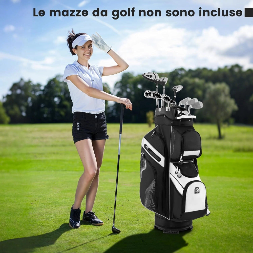 Borsa Carrello da Golf, Sacca da Golf con Serratura e Divisori a 14 Vie, 11 Tasche, Sacca Isolante, Tracolla Imbottita, Maniglie, Porta Ombrello e Cappuccio Antipioggia