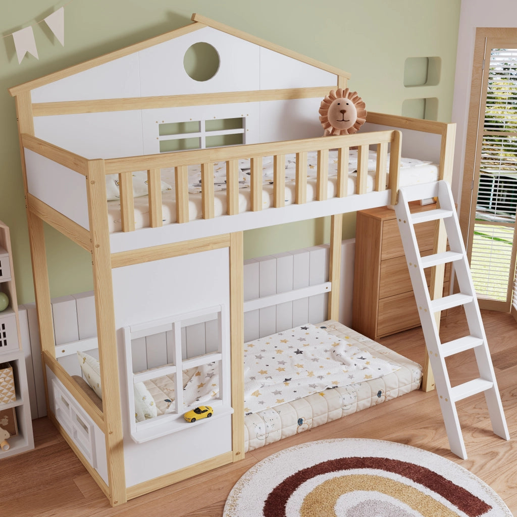 Letto a castello per bambini - Zephmum- Con scala, tetto, finestra e protezioni- 90x200cm- Bianco e naturale