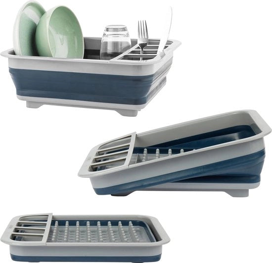 Afdruiprek opvougbare con contenitori per utensili per uso esterno e interno, ideale per camper, tenda e appartamento di villeggiatura. Accessori opvougbili in blu e grigio.
