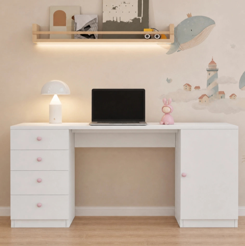 Scrivania per bambini con 4 cassetti e mobiletto, MDF bianco HAVRYA