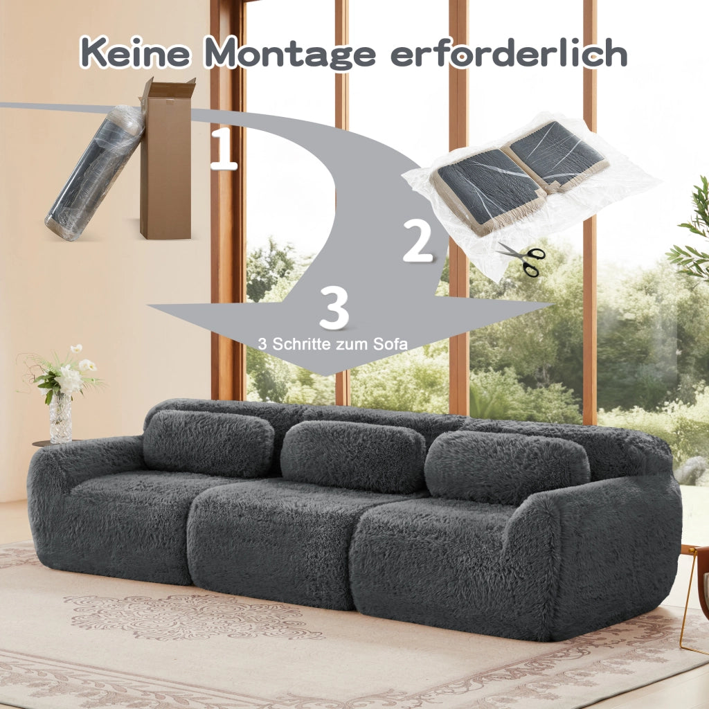 Divano Modulare 3 Posti con Design Ergonomico e Base Antiscivolo, in Peluche Grigio