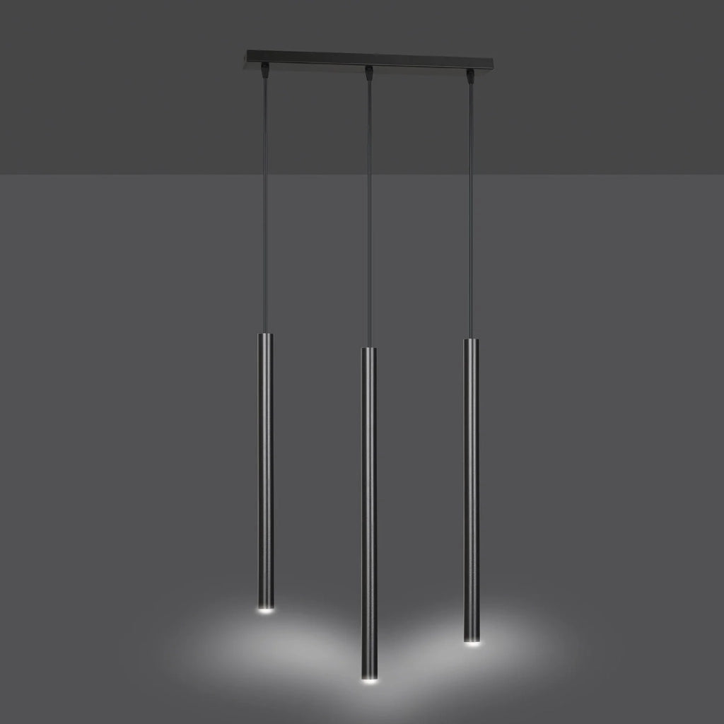 Lampadario 3 Luci Moderno Shu Acciaio Nero E Paralumi A Cilindri Sottili