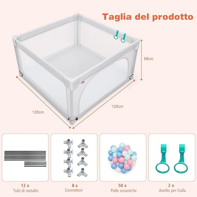Box per Bambini, Centro Attività Portatile con Cancelli di Sicurezza, con Ventose Antiscivolo, Pareti a Rete Traspirante e 2 Anelli per Bambini, Cancello per Giocare con Palline (Grigio)