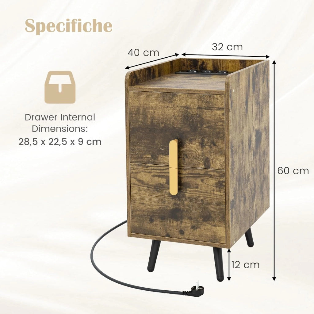 Comodino con Stazione di Ricarica, Comodino con 2 Cassetti, 2 Porte USB e 3 Prese, Tavolino Leterale con Gambe in Metallo, Portata Tolate 20 kg, 32 x 40 x 60 cm (2, Caffè)