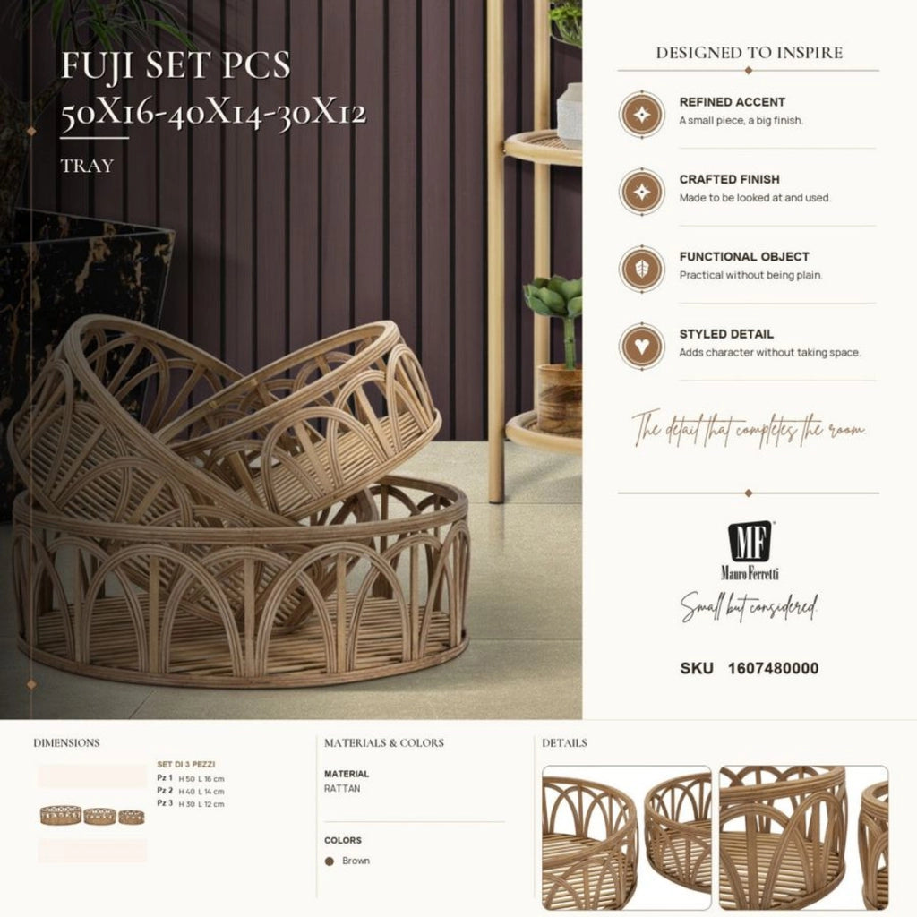 Set 3 vassoi Fuji in rattan naturale — Ø 50x16, Ø 40x14, Ø 30x12 cm