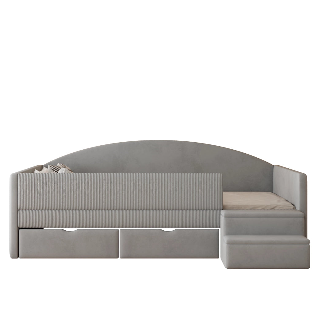 Letto imbottito 90x190 cm in velluto grigio chiaro con due cassetti e scaletta