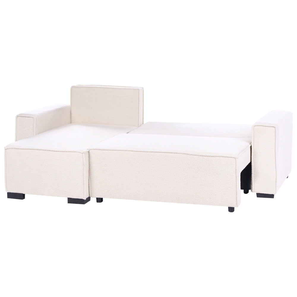 Divano letto angolare a 3 posti rivestimento in bouclé verde chiaro a destra con braccioli contenitori reversibile stile moderno per soggiorno