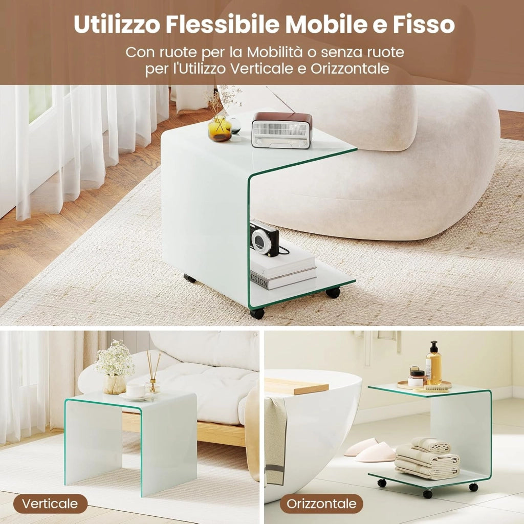 Tavolo Moderno in Vetro Temperato con 2 Ripiani, Tavolino Laterale a C per Divano con 4 Ruote Blocccabili, Tavolo Versatile per Soggiorno, Camera da Letto e Bagno (Bianco)