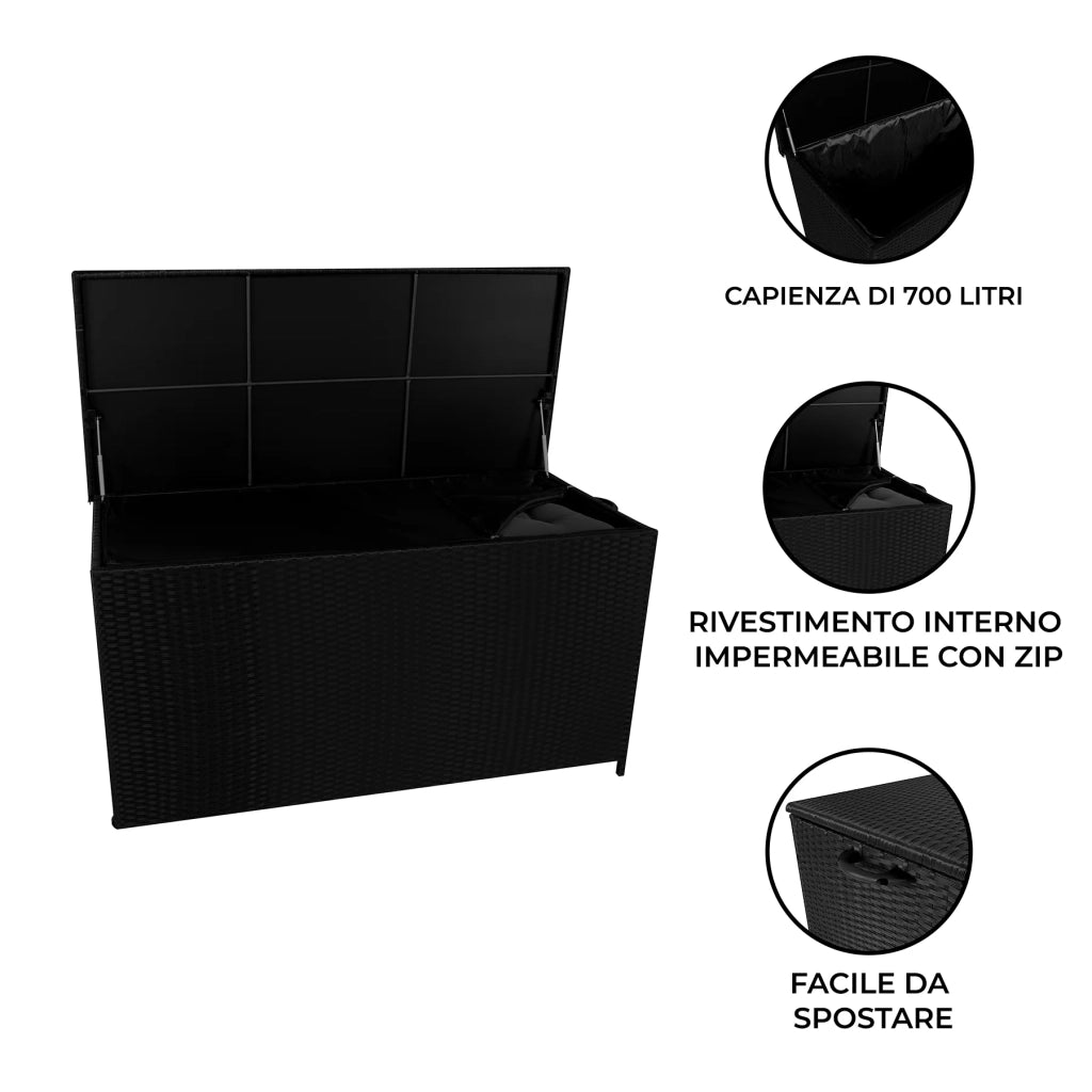 Box Contenitore Rattan Giardino 700L Nero Baule Esterno con Rivestimento