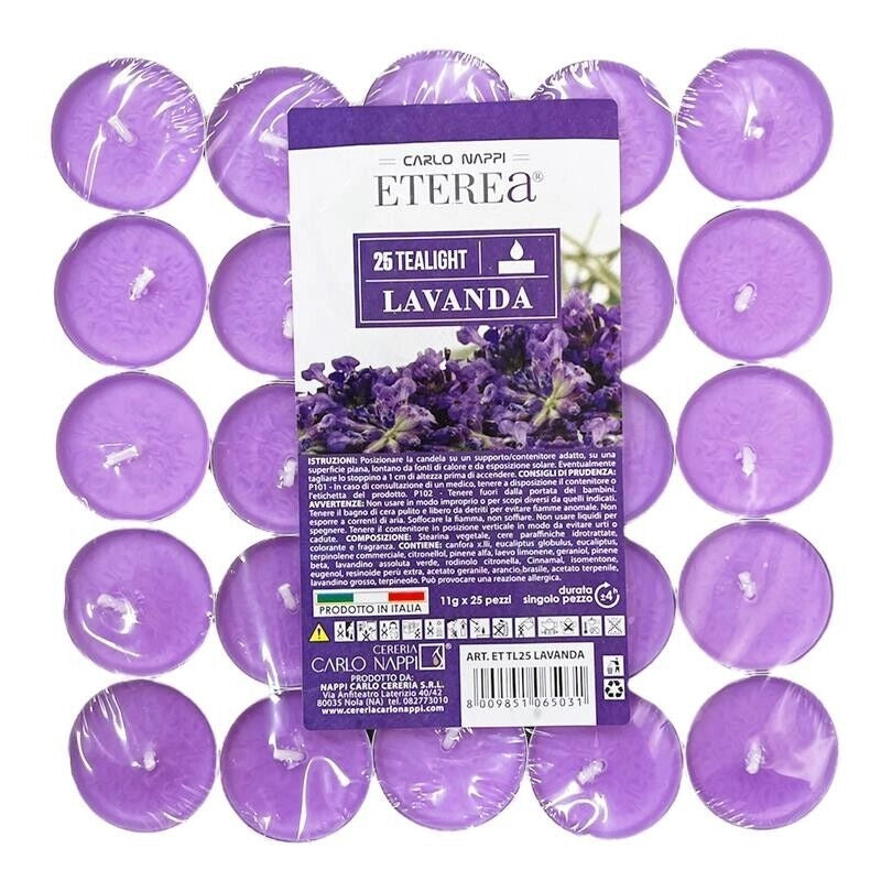 TEA LIGHT PROFUMATE ALLA LAVANDA IN CONFEZIONE DA 25 PEZZI