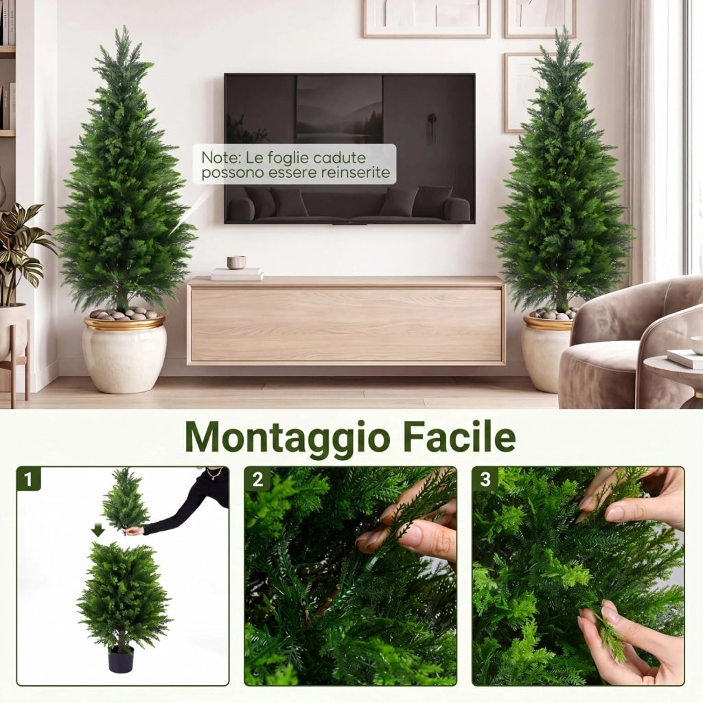 Set di 2 Alberi Artificiali di Cedro, Albero Artificiale in Vaso con Cemento e Fondo Rinforzato, Resistenti al Sole, Pianta Topiaria Finta da Interno e Esterno, per Casa e Ufficio (120 cm)