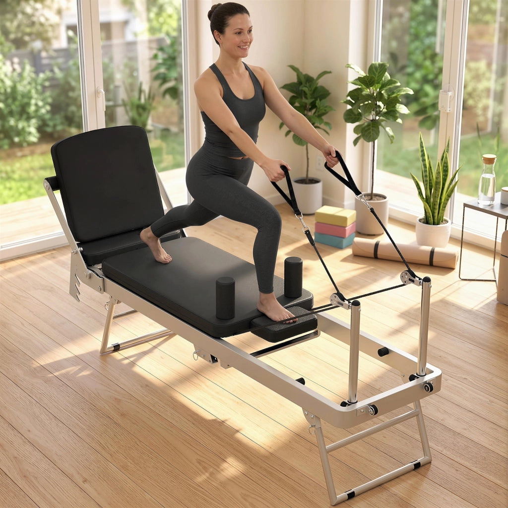 Reformer Pilates Pieghevole 195x56x88 cm con 2 Bande Elastiche in Acciaio e PU Bianco