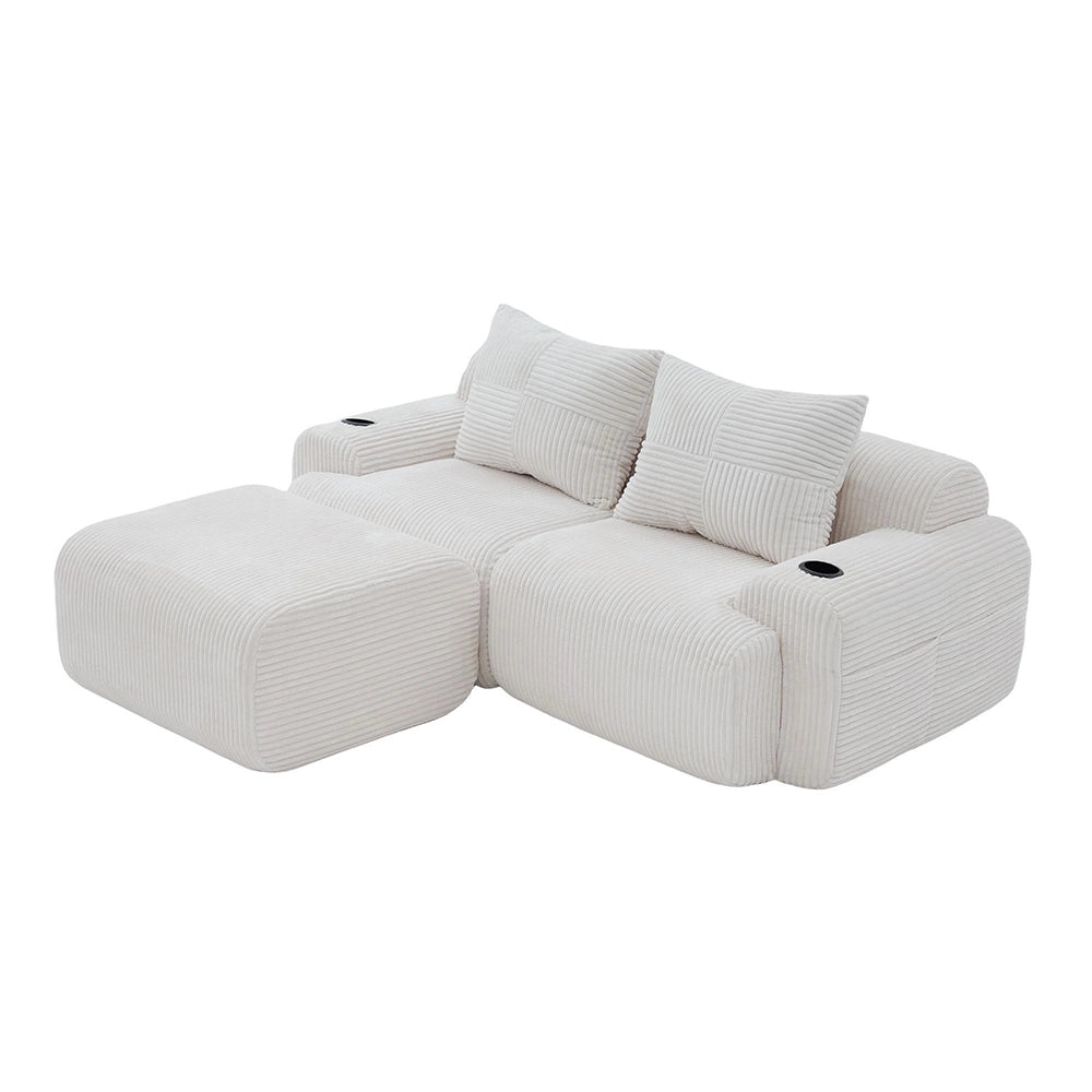 Canap¨¦ modulable in velluto costato per 2 persone - Xylo - Beige con porta-bevande e tasche laterali