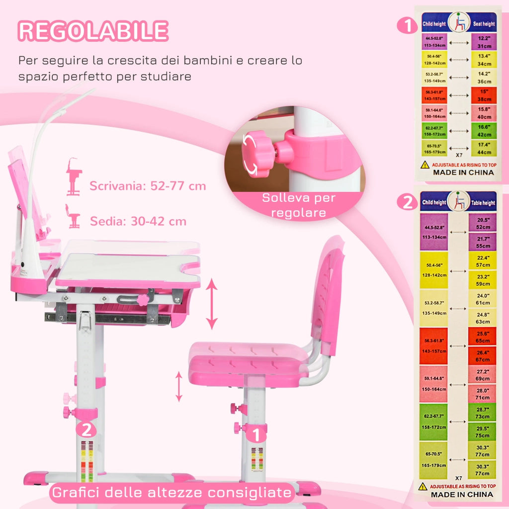 Scrivania Regolabile con Sedia per Bambini ¨C zephmum ¨C Rosa, 70x49.5x80-105 cm