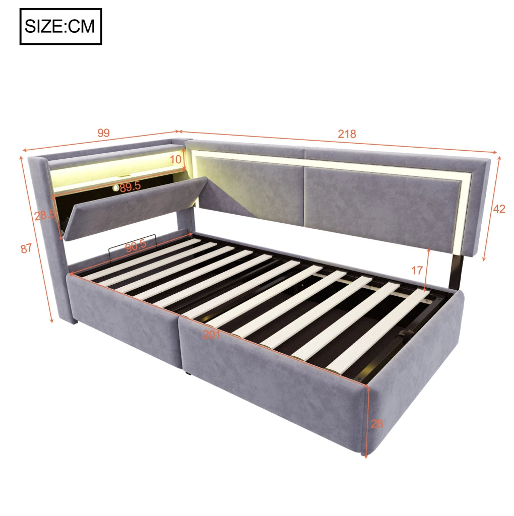 Divano letto 90x200 cm in velluto grigio chiaro con contenitore; LED e porte USB