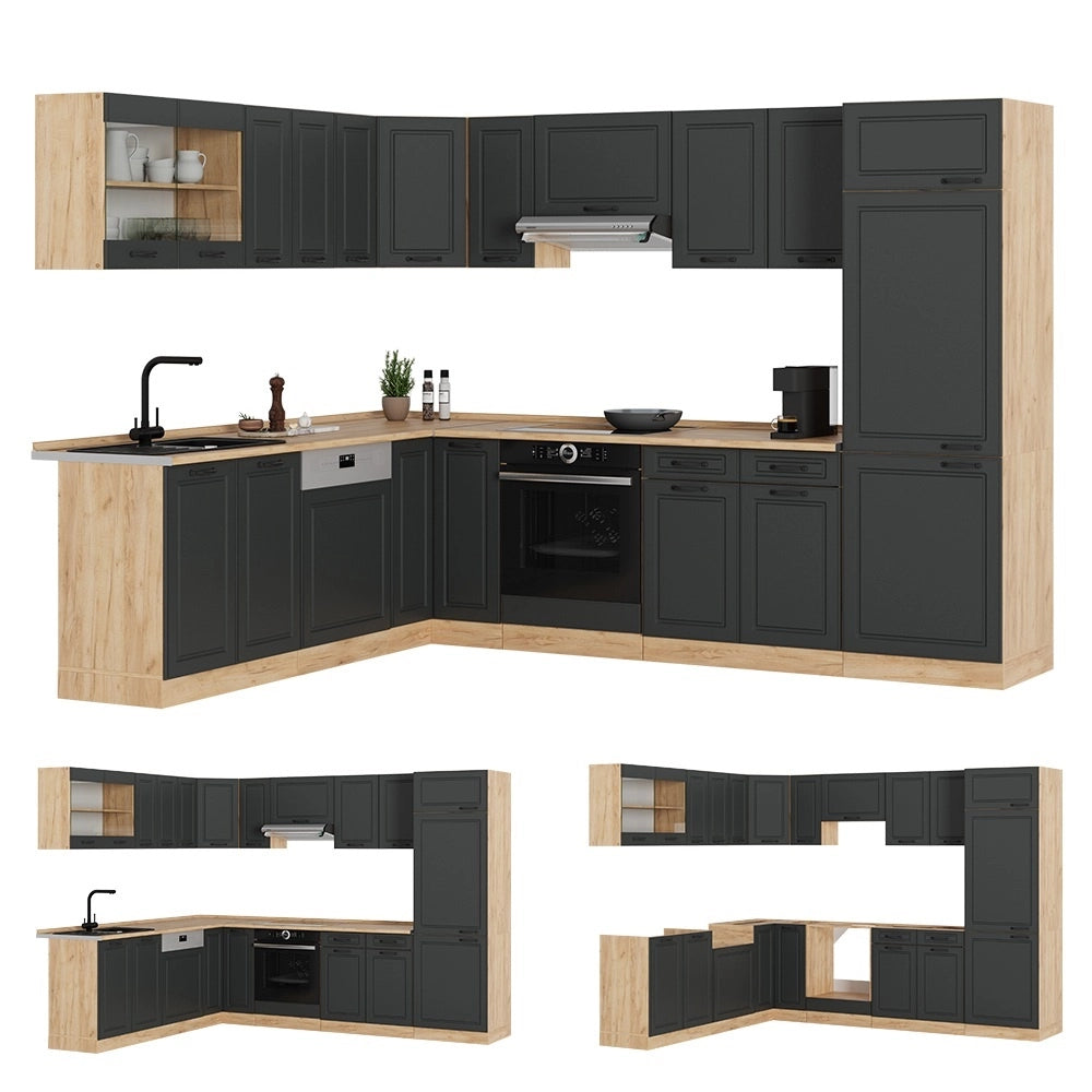 Cucina angolare completa R-Line Antracite rustico/Rovere dorato 287 x 227 cm, PL Antracite Vicco