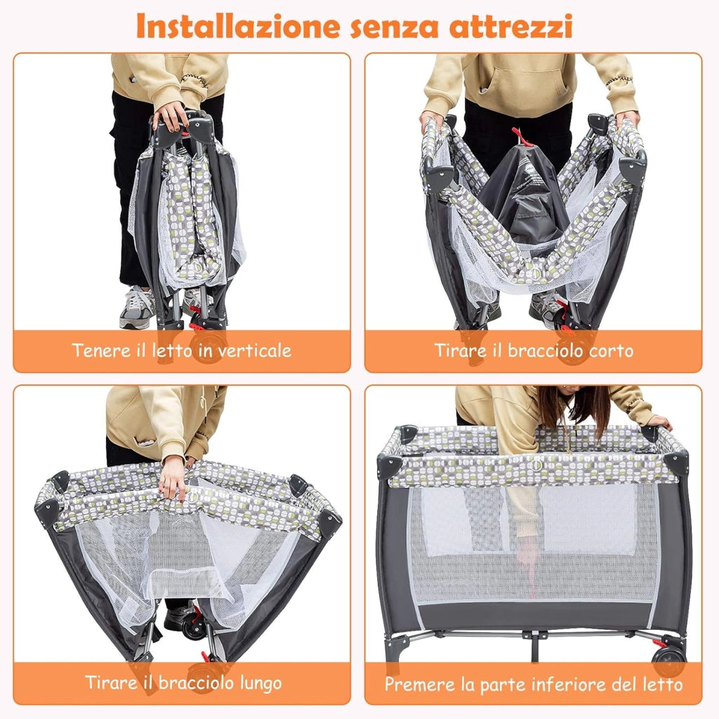 Lettino Culla da Viaggio per Neonati e Bambini, Box Portatile Pieghevole, con Materassino Ruote e Borsa, Nero
