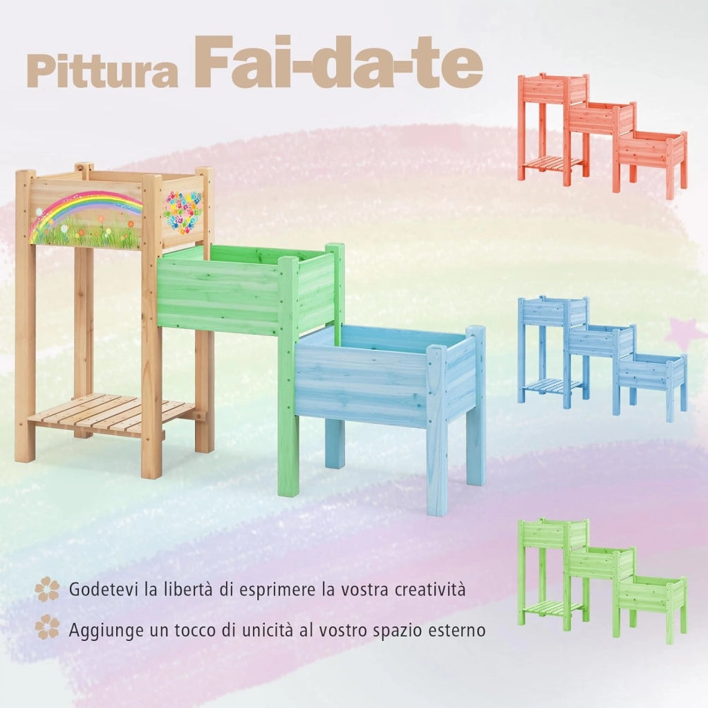 Aiuola da Giardino Rialzata a 3 Livelli in Legno con Ripiano, 3 Fioriere Rialzate, Fori di Drenaggio, Fioriera da Giardino per Frutta, Verdura, Fiore, Erba, 161 cm x 43 cm x 104 cm