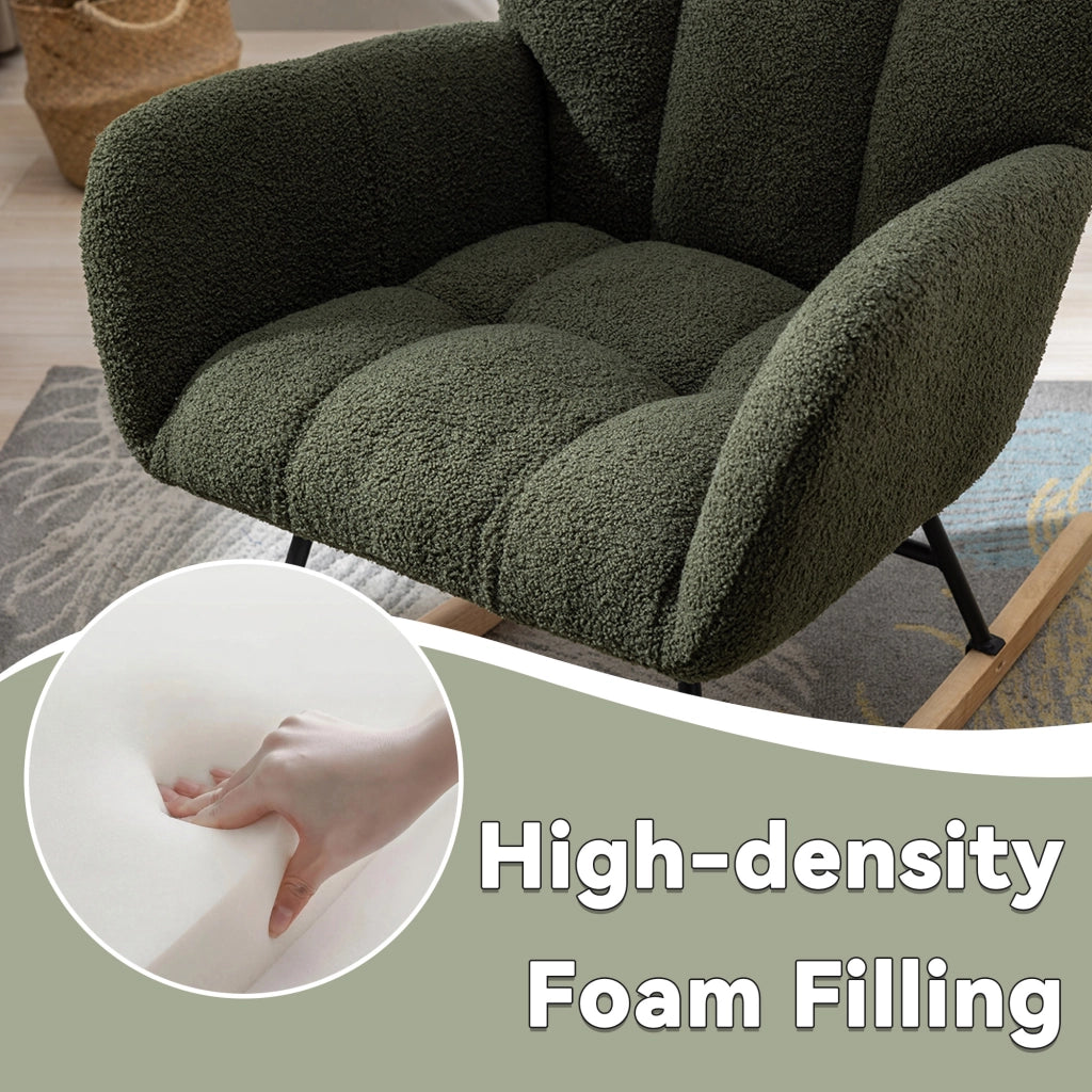 Teddy Fabric Rocking Chair with Pocket - Soft Comfy Wingback Goldie Rocking Chair with Safe Solid Wood Base, Dark Green
