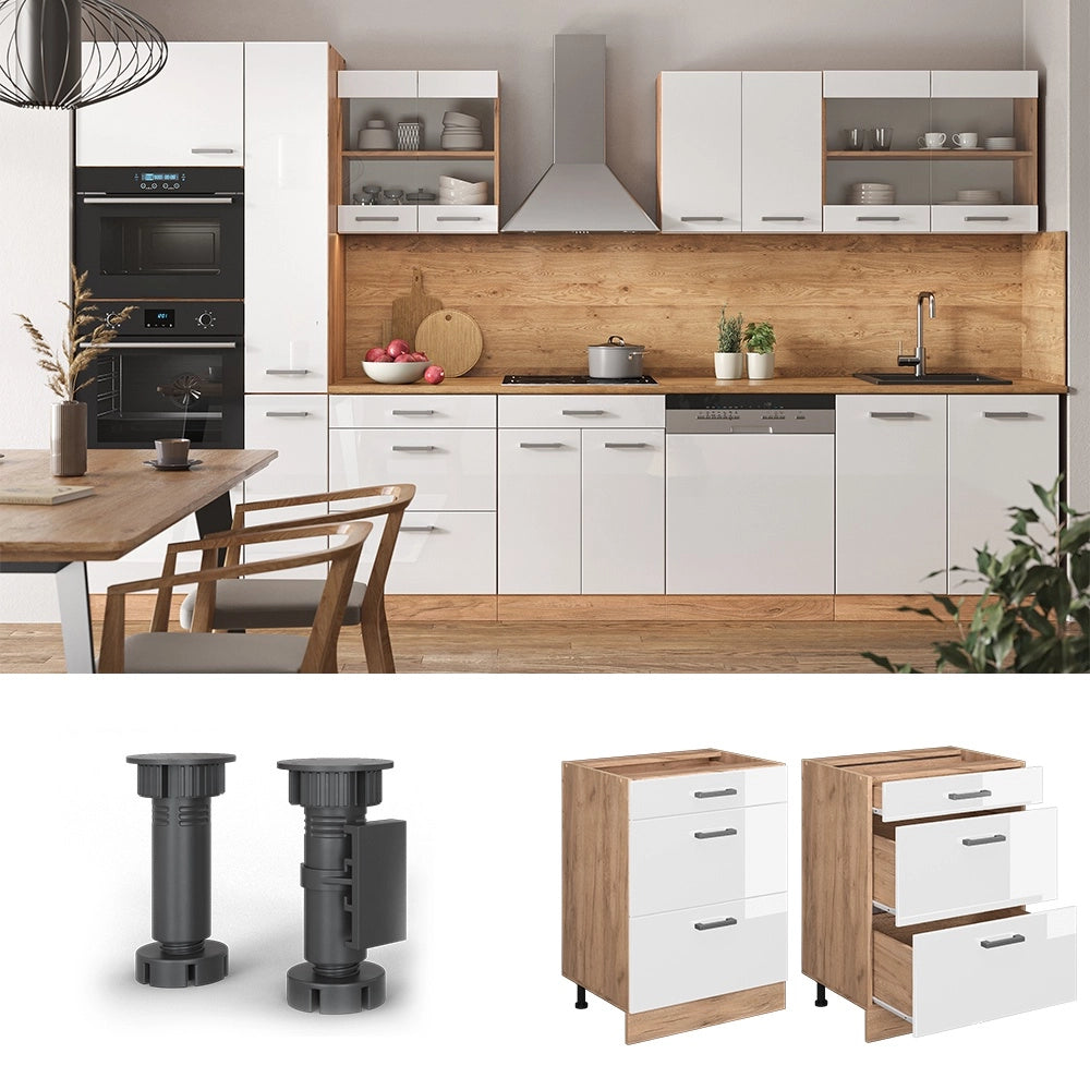 Mobiletto base per cucina R-Line Bianco lucido/Rovere dorato 60 cm con cassetti, senza piano di lavoro Vicco