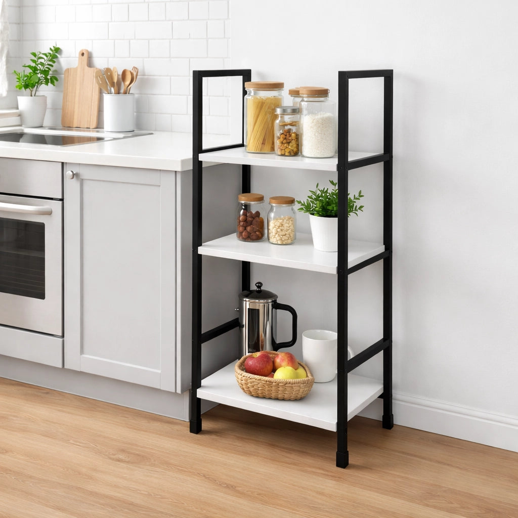 Mobile Scaffale Industrial 3 Ripiani Metallo Nero Legno Mdf Bianco 29x24 H80cm
