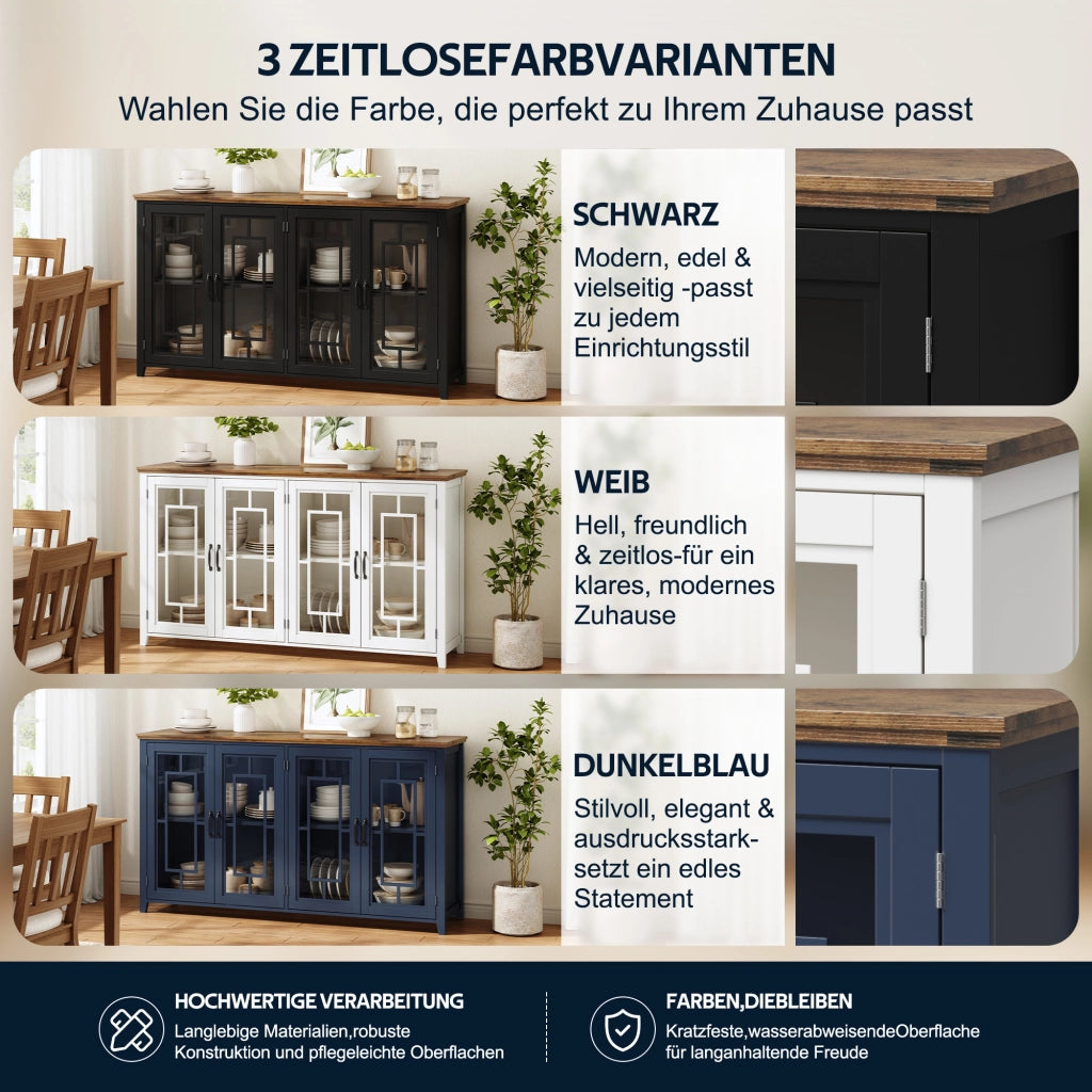 Credenza e madia con ante in vetro e 2 vani, piano effetto legno, per cucina e soggiorno, nero 160 × 40 × 86 cm