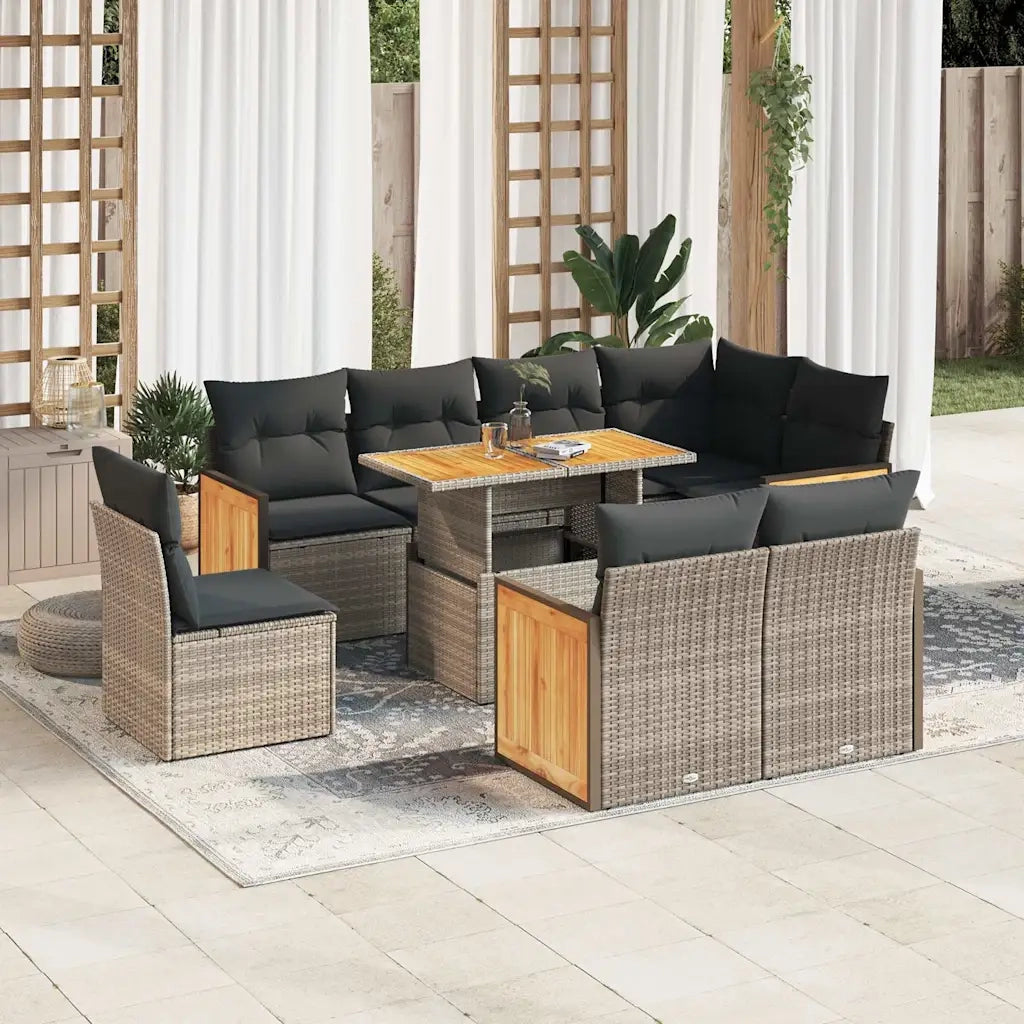 Set Divano da Giardino 9pz con Cuscini Grigio Polyrattan Acacia