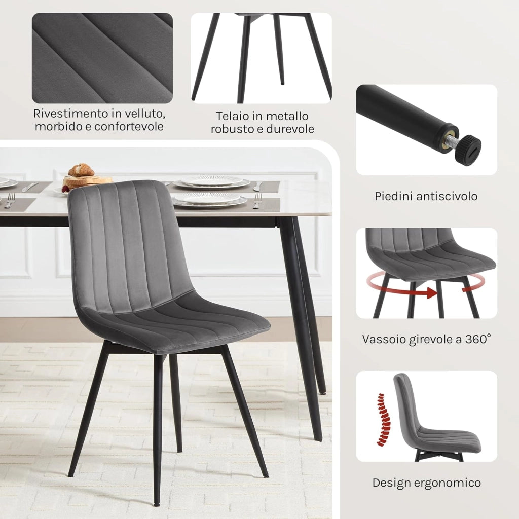 Set di 4 Sedie Sala da Pranzo, Sedie da Cucina con Schienale, per Sala da Pranzo/Soggiorno/Camera da Letto, Sedile Imbottito, Gambe in Metallo, Velluto, Grigio Scuro