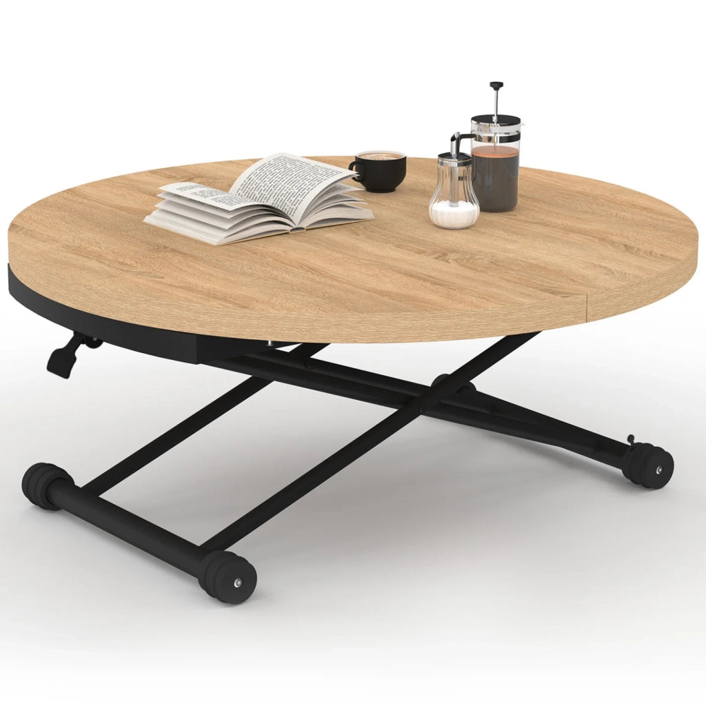 IDMarket - Tavolino ALTURA, allungabile e trasformabile in tavolo da pranzo rotondo, con piano in faggio e gamba nera dal design industrial