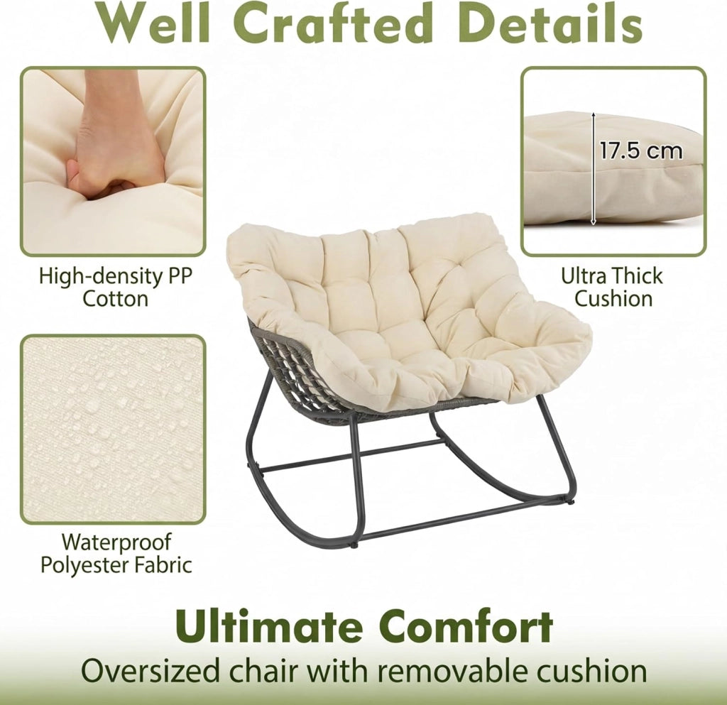 Sedia a Dondolo con Cuscino, Sedia da Relax Ampia e Avvolgente, con Struttura in Metallo, Seduta in Rattan, Cuscino Morbido Imbottito, per Soggiorno, Studio, Balcone, Nero (Beige)