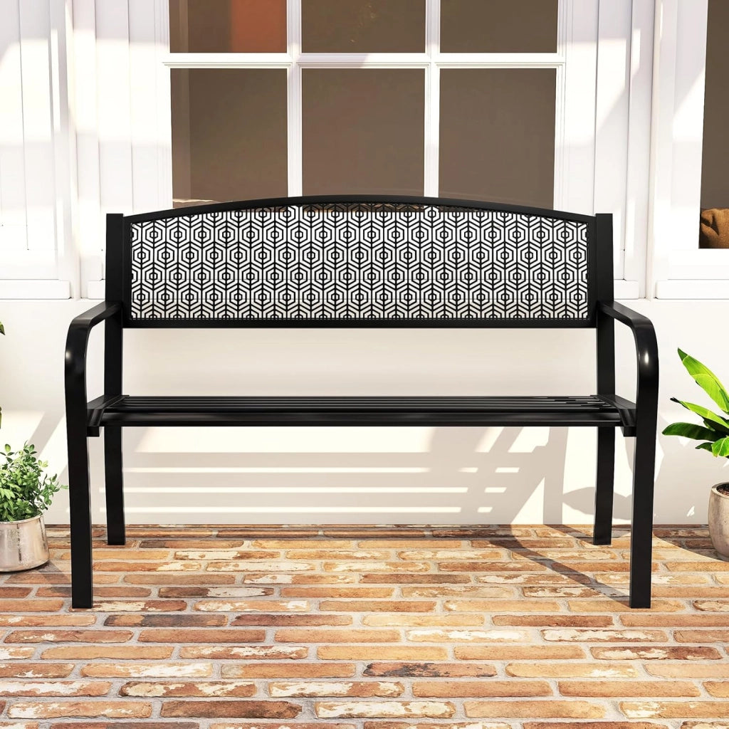 Panca da giardino in metallo a 2 posti, con braccioli comodi e seduta curva, seduta a doghe e schienale elegante, per 2-3 persone, panchina per parco, patio, balcone (nero)