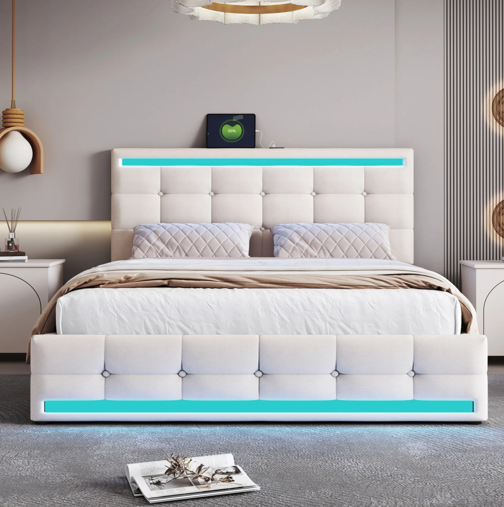 Letto matrimoniale 140x200 cm imbottito con LED, 2 porte USB e contenitore beige