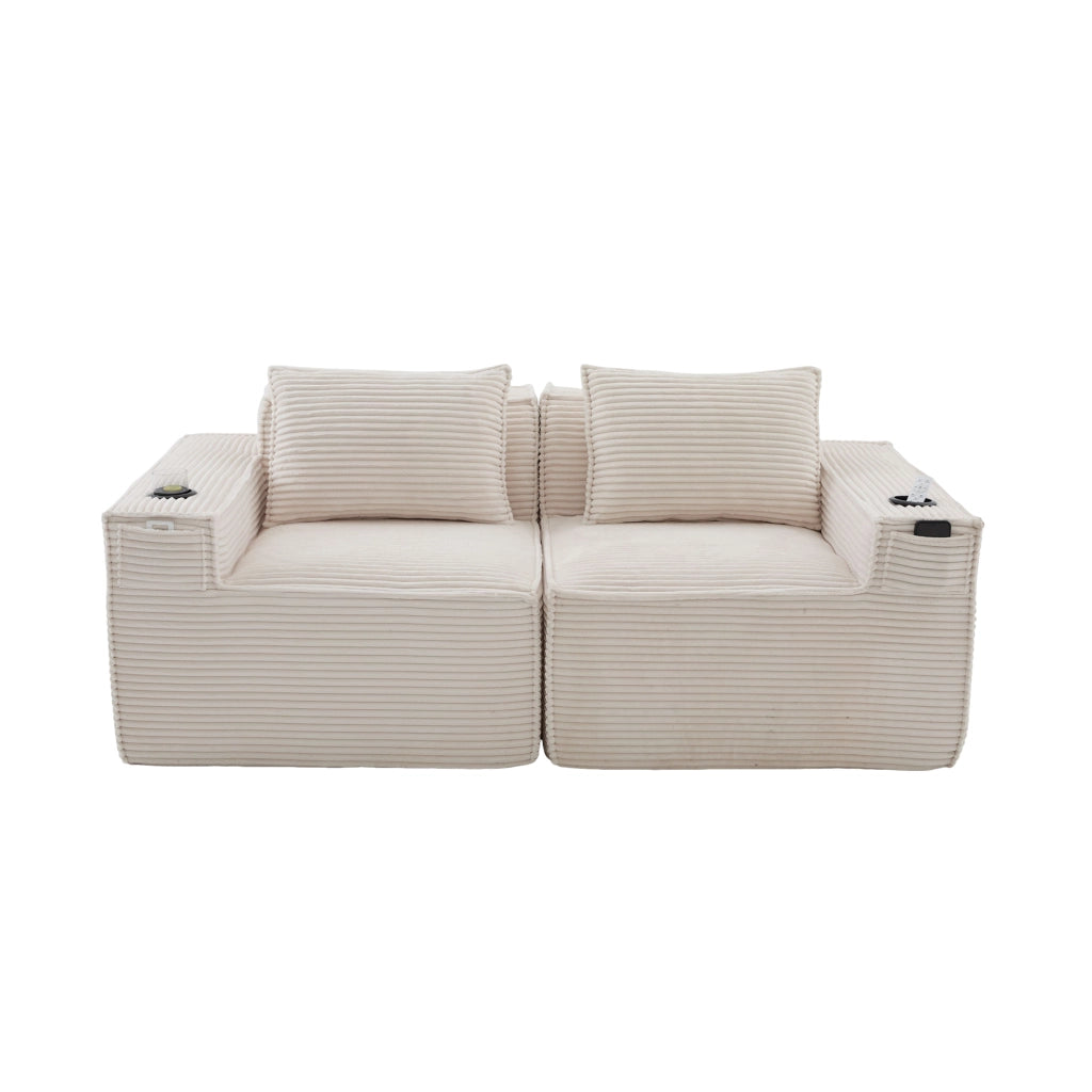 Divano modulare a 2 posti in corduroy beige con portabicchieri, tasche laterali e imbottitura in molle e schiuma