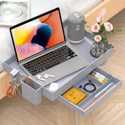 Tavolo da letto pieghevole, piastra da letto, piastra da letto a pile per camera da studente, piastra da letto per bambini, con cassettiera, contenitore per bicchieri e gancio, 28,5 x 42 cm, grigio